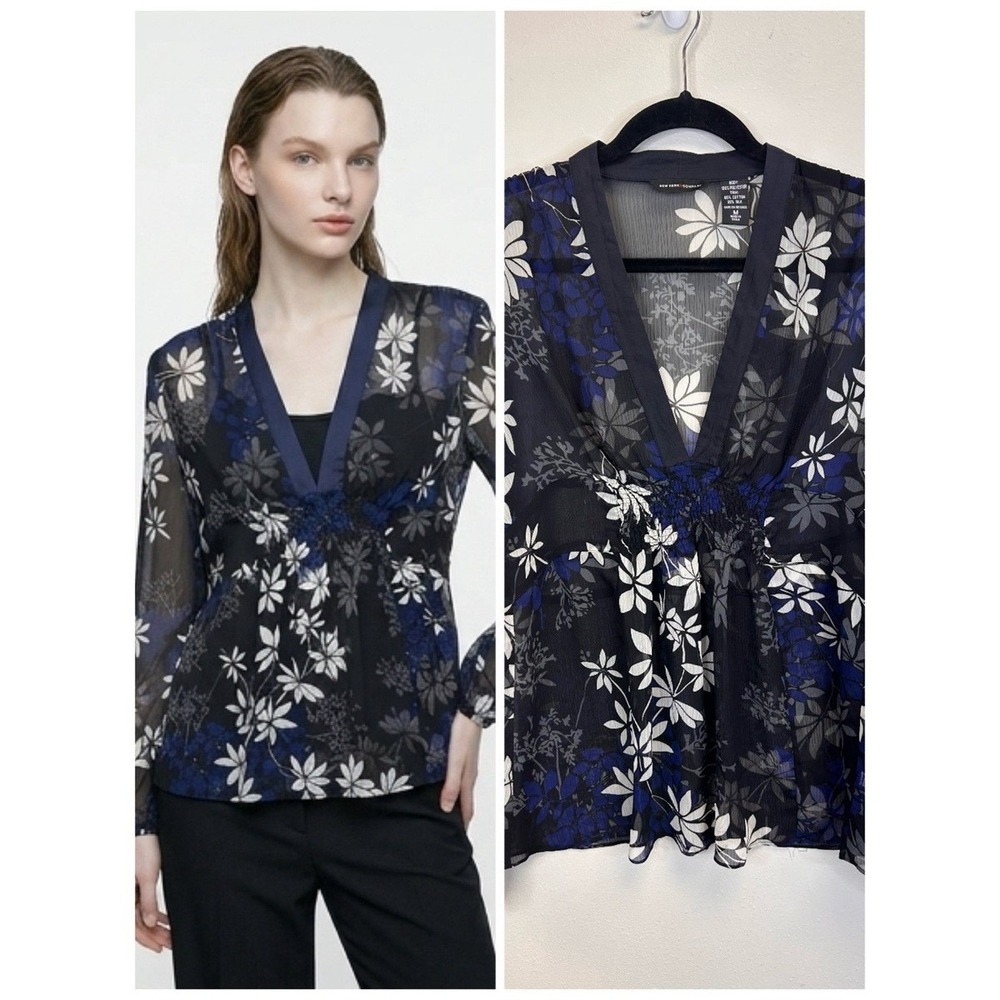 New York & Company Floral Blouse Womens SilknBlack Blue Sheer Smocked V-Neck Med